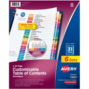 Avery 1-31 Dividers, 31 Tabs, Ready Index (6 Sets of 11831)